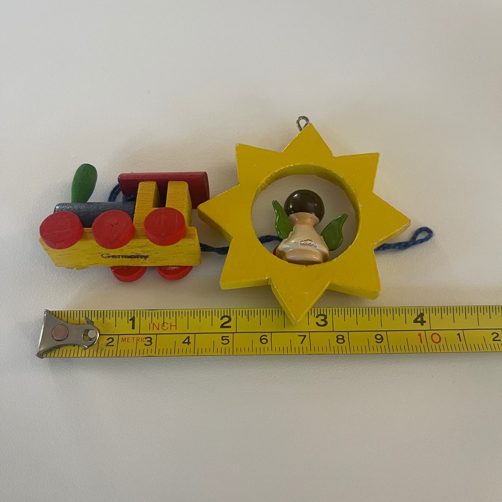 Vintage German Wooden Christmas Ornaments Train & Angel Star Erzgebirge Style